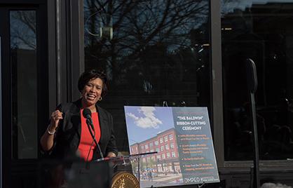 Mayor Bowser at the ribbon cutting ceremony for the Baldwin Apartments